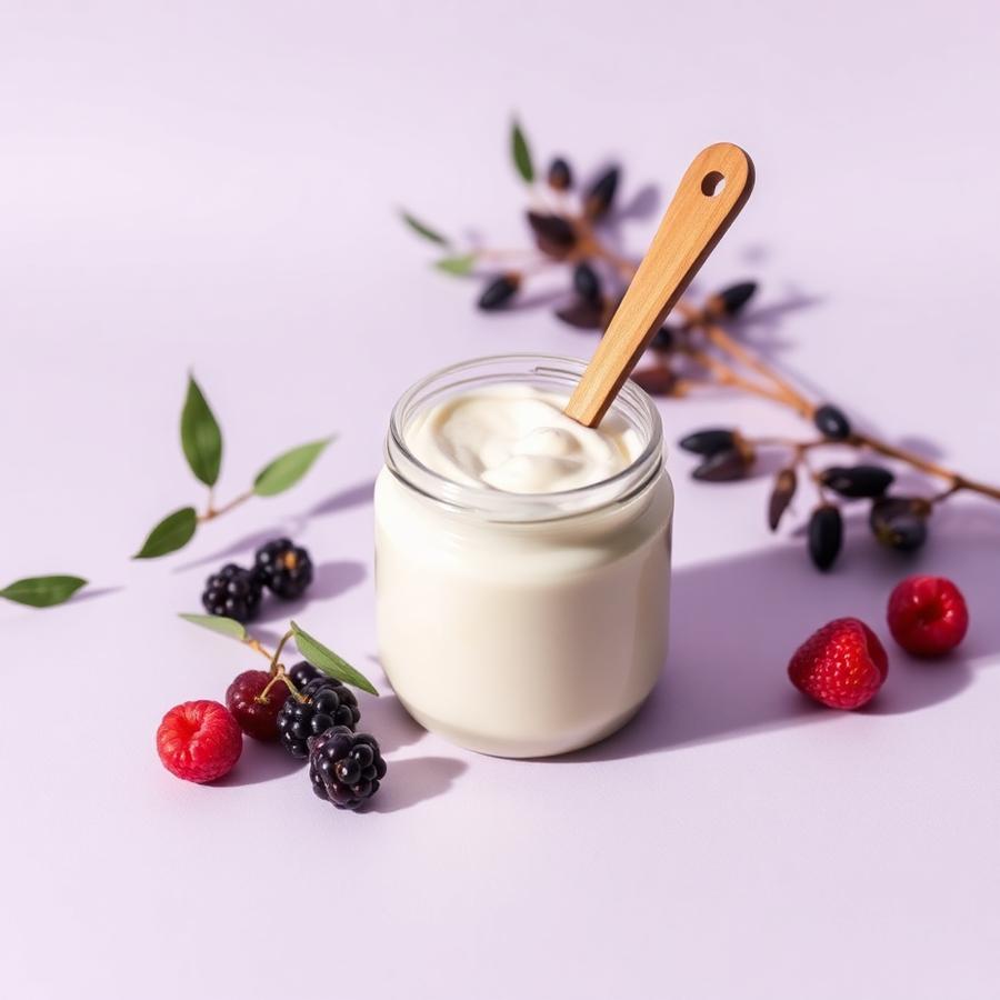 Concept jar of plain goat yogurt with berries on a soft lilac background
