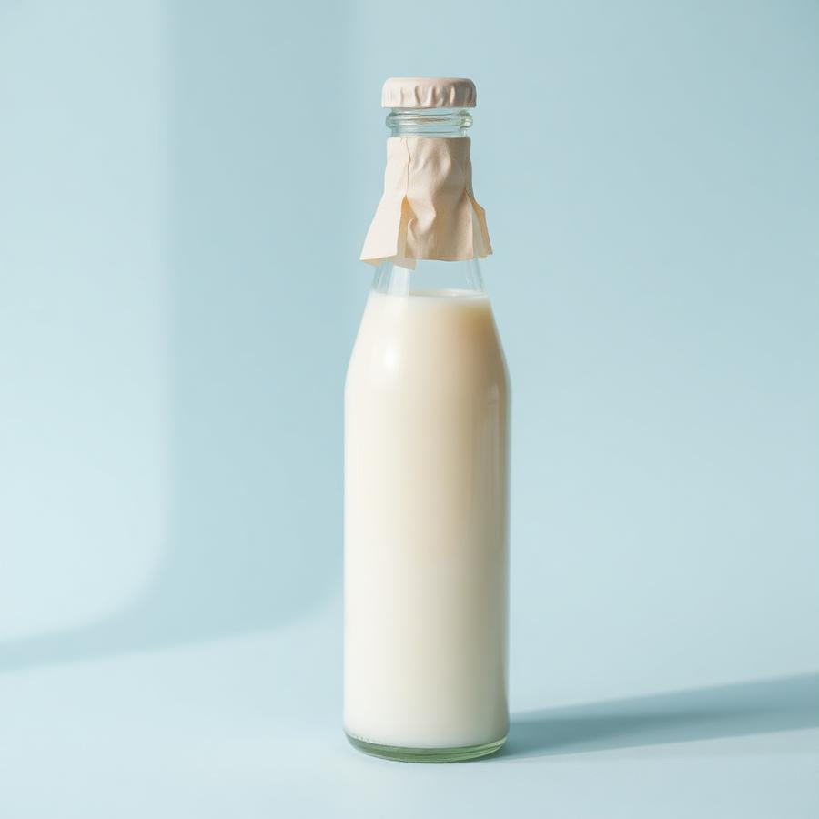 Concept bottle of fresh goat milk on a soft sky-blue background