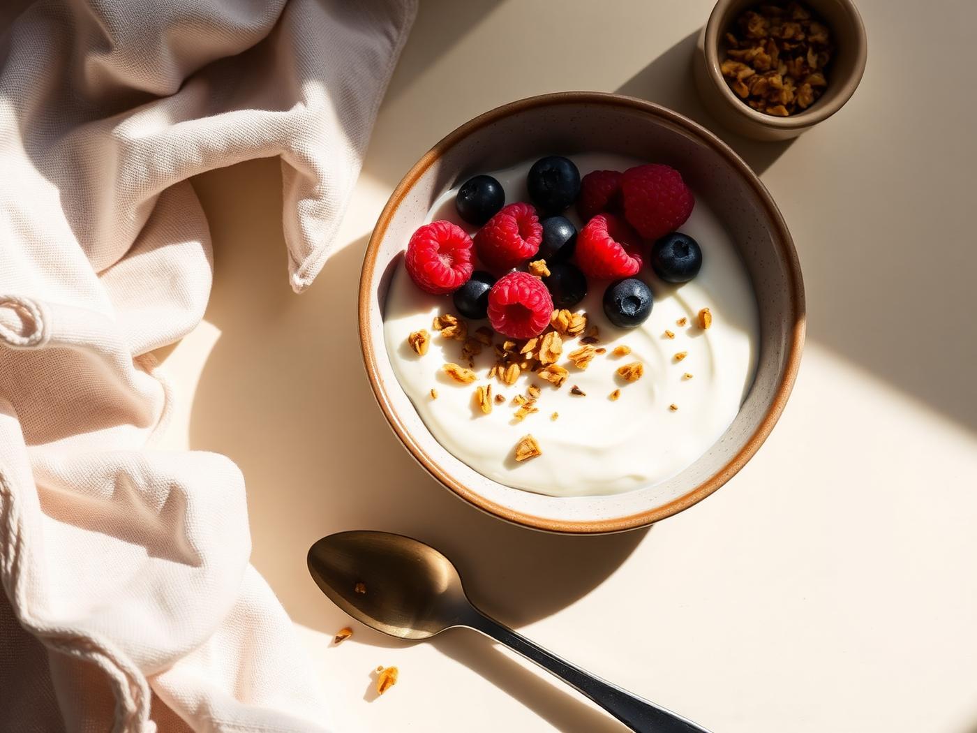 A bowl of plain goat yogurt topped with berries and granola on a cream table