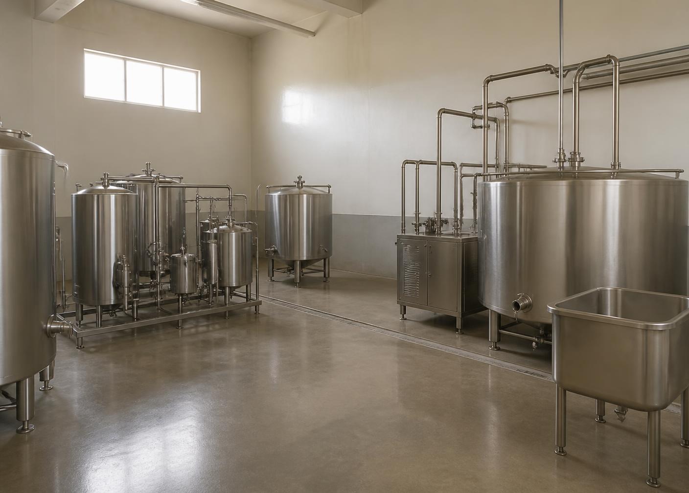 Stainless steel dairy processing tanks and piping in a clean production room