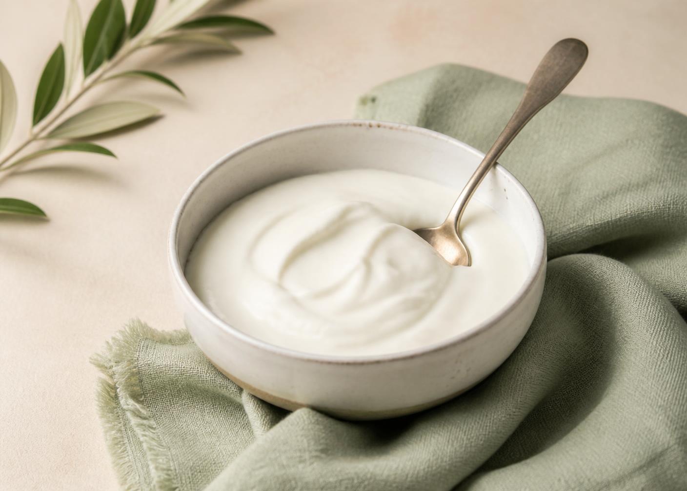 A plain ceramic bowl of white goat yogurt with a spoon on a sage green cloth
